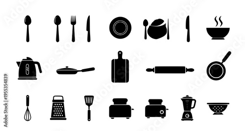 A collection of black silhouette icons representing various essential kitchen and cooking tools Vector