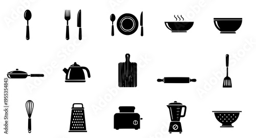 A comprehensive collection of kitchenware and cooking utensil icons in a bold black silhouette style Vector