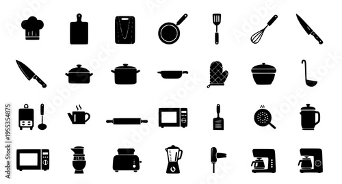 A comprehensive collection of black kitchenware icons representing various cooking tools and devices Vector