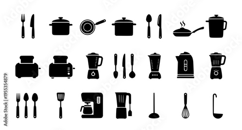 Collection of various kitchen utensils and electronic appliances in a black silhouette icon set Vector