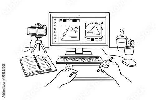 Graphic Designer Desk Setup with Computer Camera and Stylus Line Art