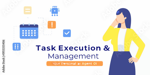 Woman contemplates task execution and management with ai assistant elements