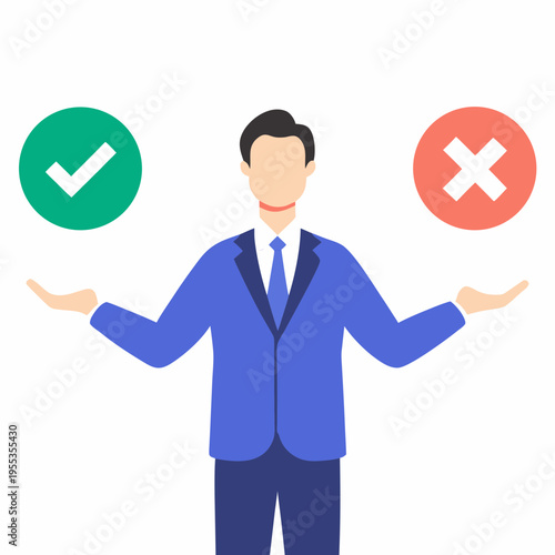 Man balancing symbols of approval and disapproval with outstretched hands