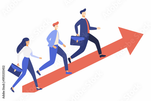 Business professionals running up a large red arrow symbolizing growth