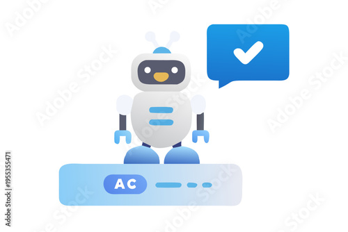 Friendly robot character with a speech bubble and loading indicator