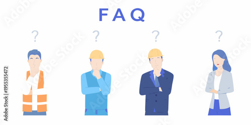 Four people some in workwear contemplating question marks overhead