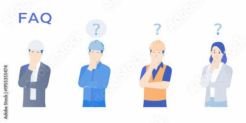 Four people contemplating questions represented by question marks above their heads