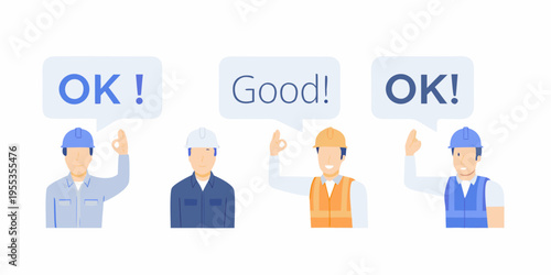 Four construction workers giving positive feedback with speech bubbles