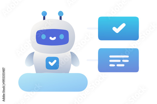 Cute robot character with interface panels displaying checkmarks and lists