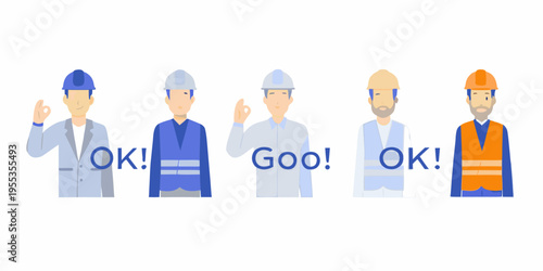 Five construction workers in hard hats giving positive gestures and vocalizations