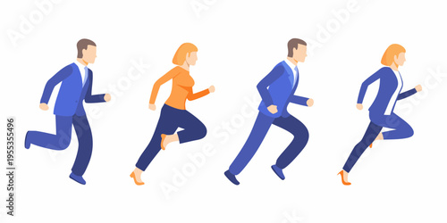 Four business people are depicted running forward in a flat illustration