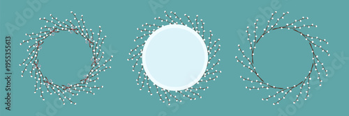 Spring set with pussy willow frames, wreaths, branch elements. Palm Sunday announcement or seasonal printable design.