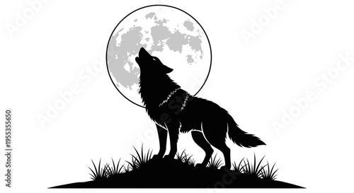 Silhouette of a Wolf Howling at the Full Moon