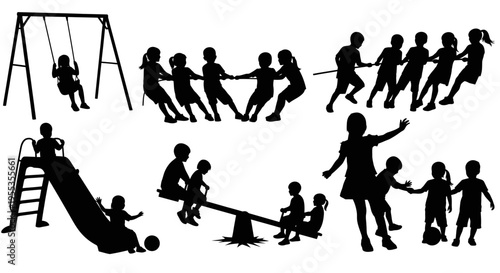 Children Playing at Playground Silhouette Set