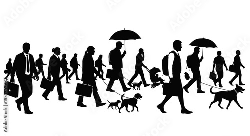 Crowd of People Silhouettes with Pets and Umbrellas