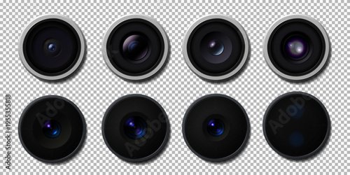 Realistic high detailed modern camera lens pack. Smartphone, camera close uo isolated on transparent background. Vector illustration