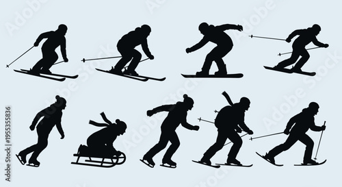 Winter Sports Silhouettes Set: Skiing, Skating, and Sledding