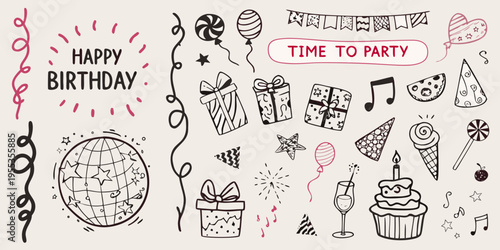 Hand drawn birthday doodles including balloons gifts and celebratory elements