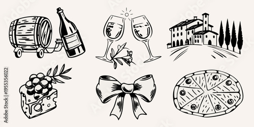A collection of wine country elements in a hand drawn style