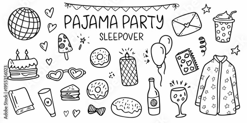 A whimsical pajama party illustration with sleepover themed doodles