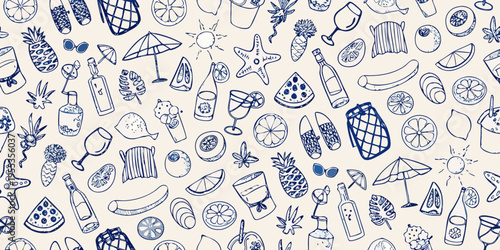 A playful summer pattern featuring tropical drinks fruits and beach accessories