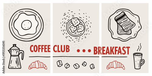 A charming hand drawn illustration of various breakfast items and coffee