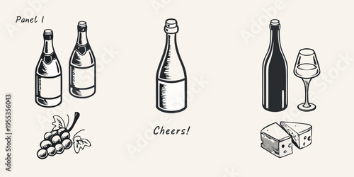 A sketch of wine bottles a wine glass cheese and grapes