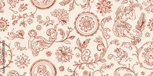 Vintage floral and cherub pattern in reddish brown tones