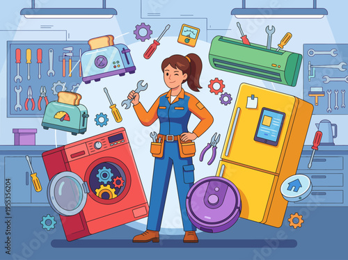 An illustration of a skilled technician surrounded by various household appliances, showcasing the importance of repair skills and modern convenience in everyday life.