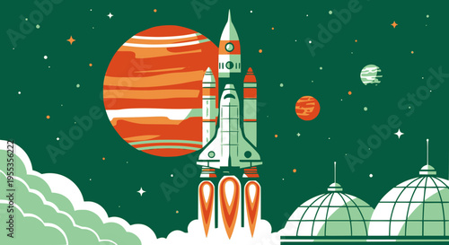 Space rocket launch from alien spaceport, science fiction poster. Vector illustration. Transparent background SVG version.