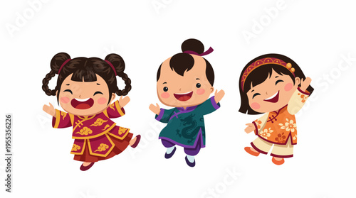 This delightful illustration showcases three joyful children dressed in traditional outfits, celebrating cultural heritage through bright colors and their radiant smiles.