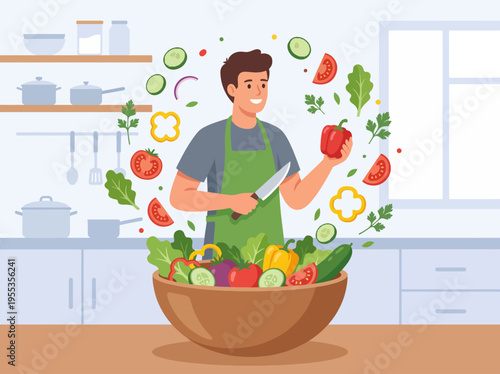 This image captures a joyful cook preparing fresh vegetables in a cozy kitchen, showcasing the vibrant colors and textures that inspire healthy and fun meals at home.