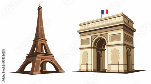 An artistic illustration of two iconic Paris landmarks, the Eiffel Tower and the Arc de Triomphe, representing the beauty and rich history of French architecture and culture.