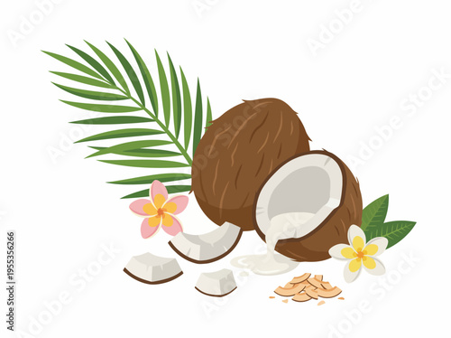 A vibrant illustration featuring a coconut, palm leaves, and tropical flowers, capturing the essence of a serene tropical paradise ideal for relaxation and nature-inspired themes.