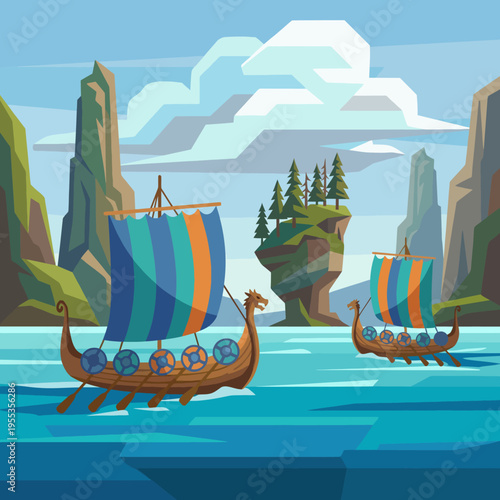 Two colorful Viking ships gracefully navigate through tranquil blue waters, framed by towering green cliffs and a small island with trees under a bright blue sky.