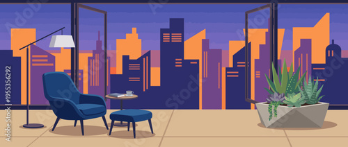 A contemporary living room setup overlooking a vibrant city skyline at sunset, embodying modern urban lifestyle, comfort, design aesthetics, and relaxation in a chic environment.