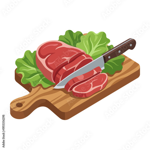 A delicious display of freshly sliced meat resting on a wooden cutting board with crisp lettuce, capturing the essence of culinary preparation and temptation in cooking.