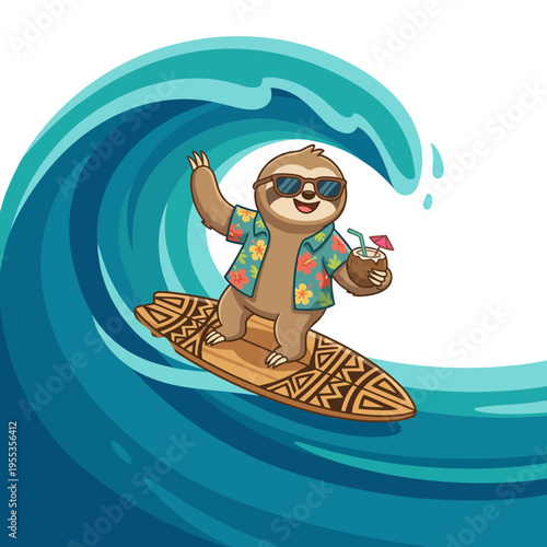 A cheerful sloth wearing sunglasses and a floral shirt rides a vibrant wave on a surfboard, embodying a carefree spirit and love for adventure in a tropical seaside paradise.
