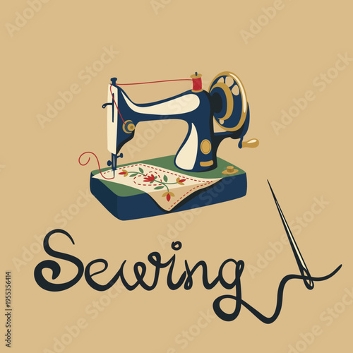 An elegant illustration of a vintage sewing machine crafting a delicate piece of fabric, symbolizing creativity, craftsmanship, and the art of sewing in a soothing color palette.