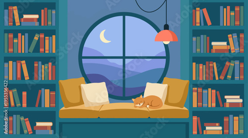 This image showcases a cozy library setting with a sleeping cat on a sofa, surrounded by shelves filled with colorful books and a beautiful mountain view outside the window.