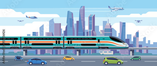 A modern urban landscape featuring a sleek high-speed train alongside futuristic buildings, planes, and drones, capturing the essence of innovation and connectivity in today's world.
