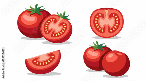 This image artistically shows fresh, bright red tomatoes alongside colorful slices, highlighting their juiciness and freshness, perfect for culinary uses and healthy eating inspiration.