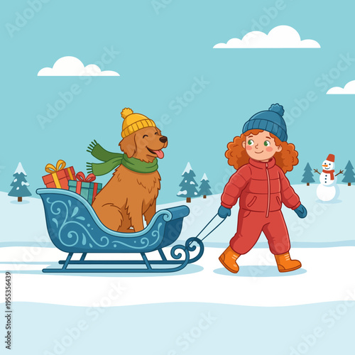 A cheerful child dressed in winter attire happily pulls a sled with a friendly dog, bringing joyful vibes of winter activities and the essence of friendship and fun in the snow.