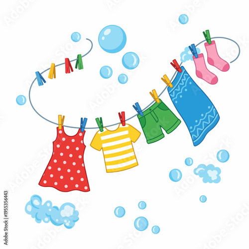An upbeat illustration of vibrant clothes hanging on a clothesline with playful bubbles, representing the joy of laundry day and domestic life in a cheerful way.