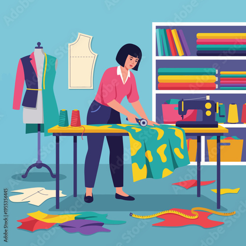 An inviting sewing room scene featuring a woman working at a sewing machine surrounded by colorful fabrics and crafts, highlighting creativity and the joy of making.