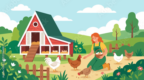 A picturesque farm landscape showcasing a vibrant henhouse, colorful chickens, and a farmer tending to them, perfect for rural or wholesome themed designs.
