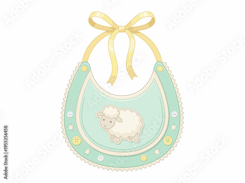 A charming baby bib adorned with a cute sheep design, accompanied by ribbons and buttons, making it an ideal illustration for infant products or nursery decor.