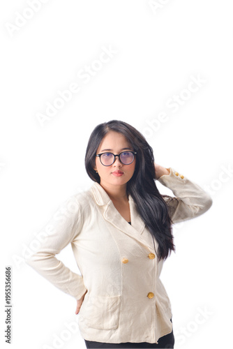 Overexposed woman portrait on white background