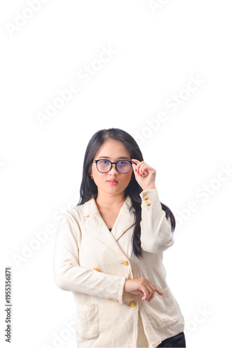 Woman in white blazer with glasses