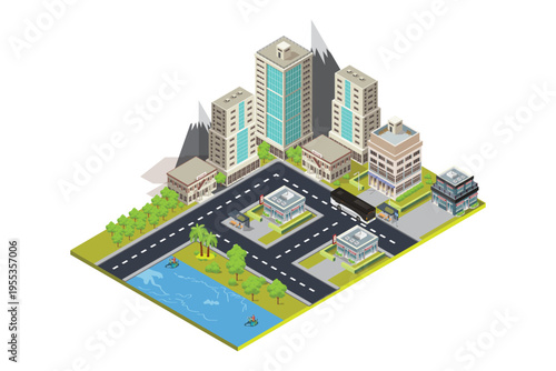 Isometric city map navigations urban cartography business concept. Vector cityscape skyline 3D illustration of location town skyscraper and road